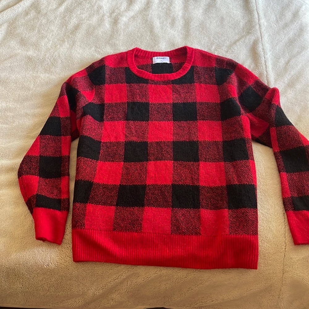 Old Navy red and black plaid soft and fuzzy checkered sweater